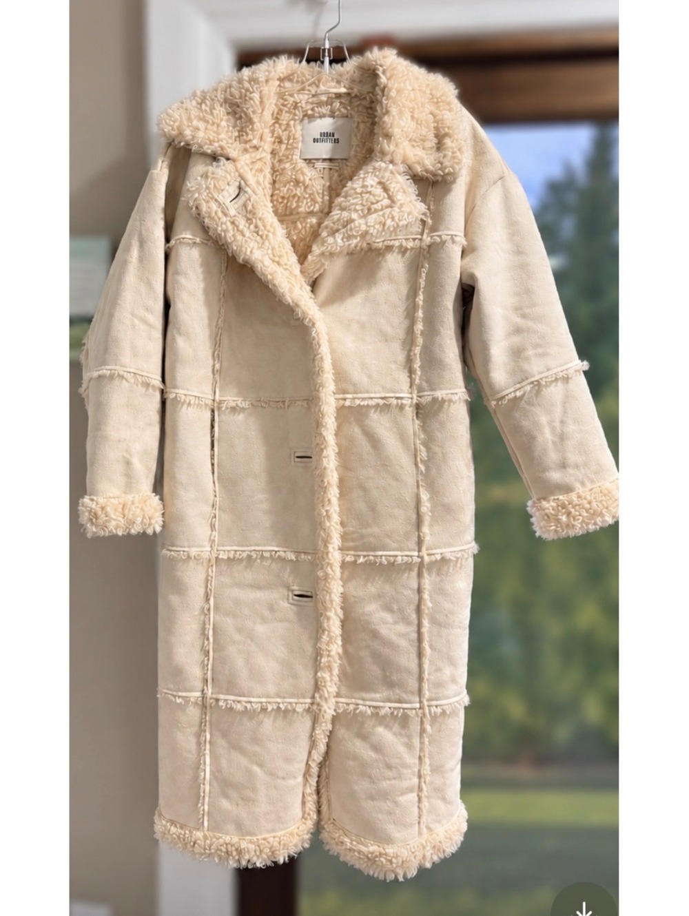 Urban Outfitters Cream Faux Shearling Long Coat Teddy Trim Boho Winter Jacket
